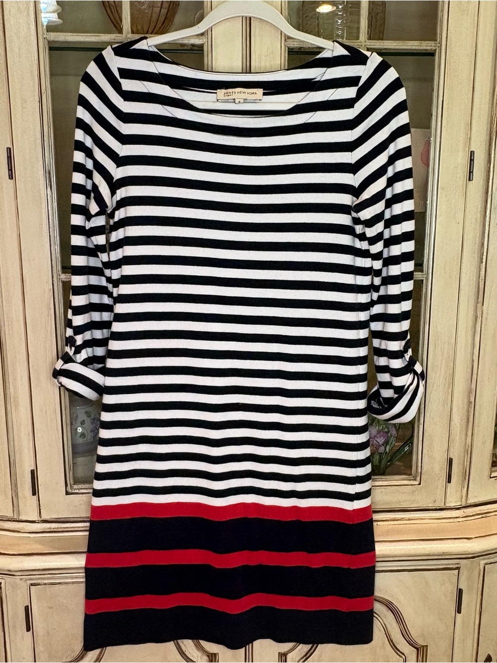 Jones New York Black, White & Red Striped Long Sleeve Shift Dress